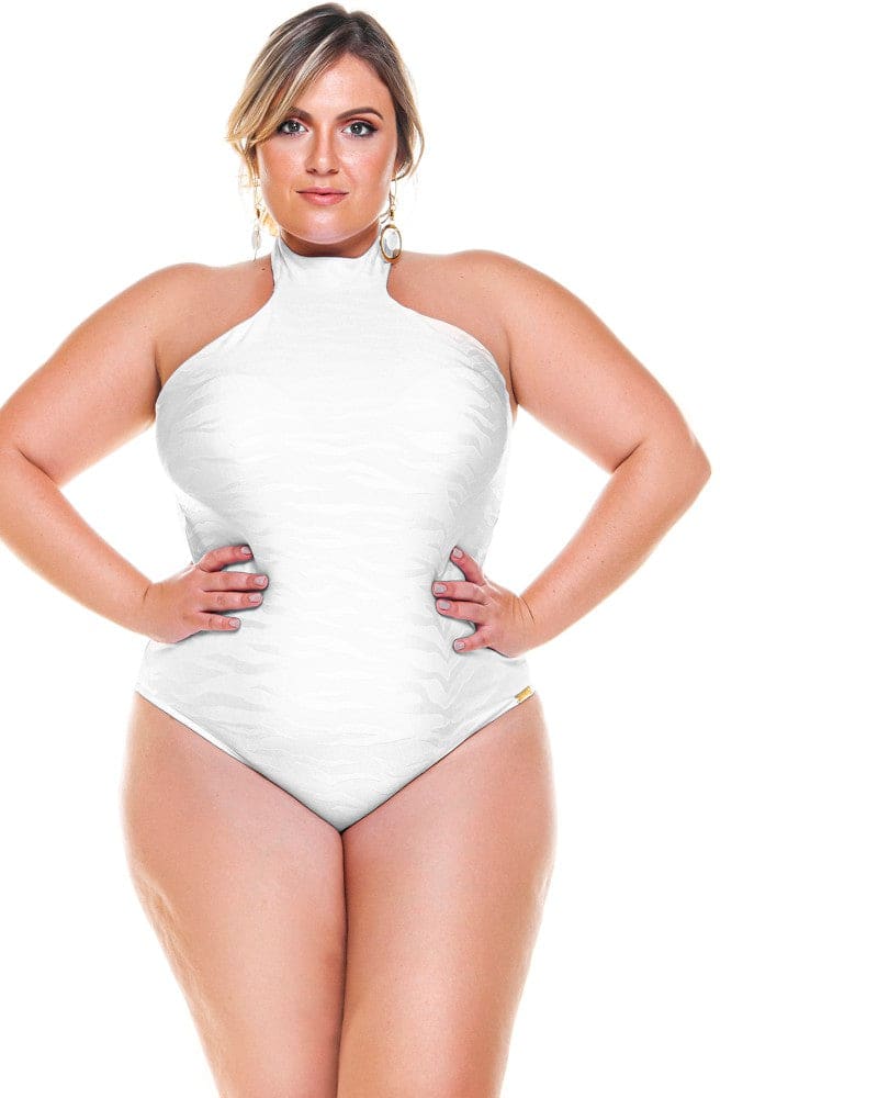 Front of a model wearing a size 18 Swimsuit With Choker And Padded Cups in White Textured by Lehona. | dia_product_style_image_id:267753